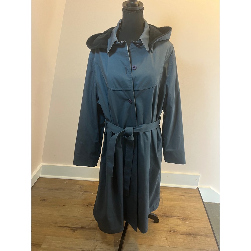 Vintage London Fog Trench Coat Womens 24.5 Plus Size Blue Hooded Belted Raincoat